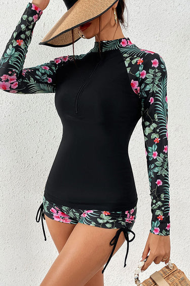 Floral Print Zip Front Long Sleeve Rash Guard – Stylish Protection with Comfort